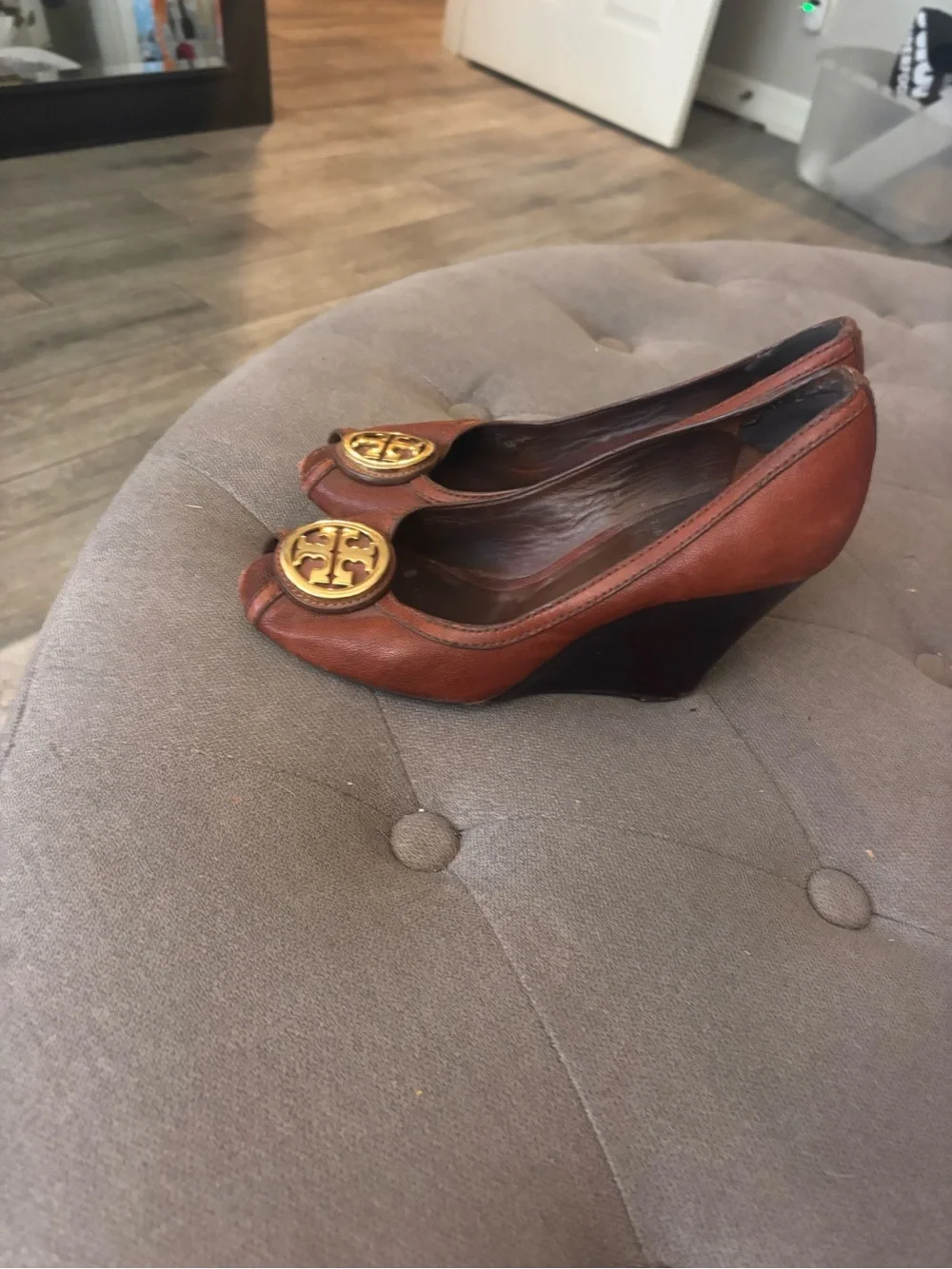 Tory Burch Brown Leather Peep-Toe Heels with Gold Logo Accent